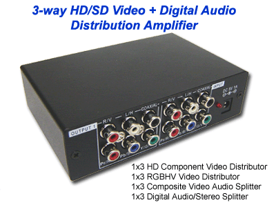 Product picture for 3-Port HD Component Composite PC RGBHV Video Splitter + Digital Stereo Audio Splitter